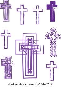 Collection of nine abstract artistic vector purple crosses for Lent or Easter. Separated for easy use.