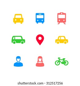 A collection of nine abstract flat design style vector transport icons isolated on a white background