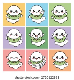 A collection of nine adorable, cartoon-style ghost characters in various poses and expressions, perfect for playful designs.