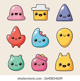 Collection of Nine Adorable Kawaii Style Blob Creatures with Cute Faces