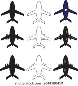 A collection of nine airplane icons in black, white outline, and blue, arranged in a 3x3 grid on a white background.