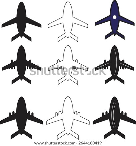 A collection of nine airplane icons in black, white outline, and blue, arranged in a 3x3 grid on a white background.