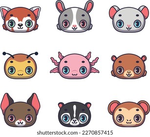 Collection of nine animals including red panda, rabbit, mouse, bee, axolotl, bear, bat, skunk, monkey