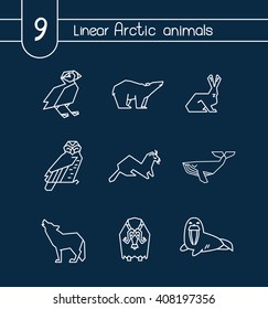 Collection of nine arctic animals. Polygonal icons design.