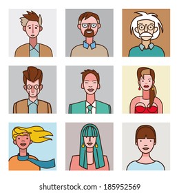 A collection of nine avatar set for men and women faces on comic style. Very useful for social networks, mobile application or web design.