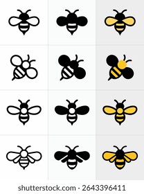 Collection of nine bee icons in a 3x3 grid, featuring various black and yellow designs on white backgrounds, showcasing different artistic styles of bees.