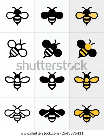 Collection of nine bee icons in a 3x3 grid, featuring various black and yellow designs on white backgrounds, showcasing different artistic styles of bees.