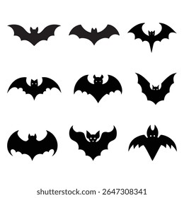 Coleção de nove silhuetas de morcego preto em um fundo branco para o halloween