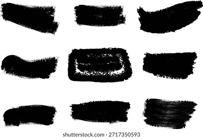 A collection of nine black brush stroke shapes on a white background