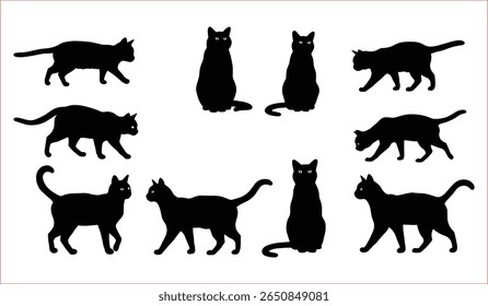 A collection of nine black cat silhouettes in different poses. Set of Black Cat Silhouettes in Various Poses