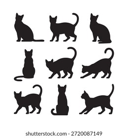 A collection of nine black cat silhouettes in various poses displaying feline grace and form