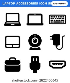 A collection of nine black digital icons showcasing various laptop accessories and peripherals, including laptops, keyboards, webcams, and connectors, presented on a clean white background.