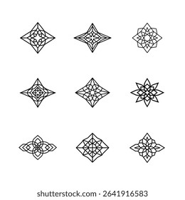 Collection of nine black geometric diamond shaped abstract floral design elements.