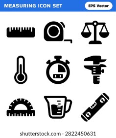 A collection of nine black icons representing various measuring instruments used for length, weight, temperature, time, and angles, presented on a white background.