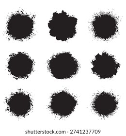 A collection of nine black ink splatters arranged in three rows on a plain white background