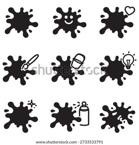 A collection of nine black ink splatters, each featuring a different icon or modification such as a smiley face, heart, paintbrush, bucket, lightbulb, sparkles, and a spray can, set against a white background.