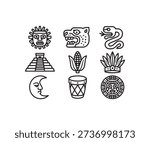 A collection of nine black line art icons representing symbols of ancient Mesoamerican cultures like Aztec and Mayan on a clean white background.