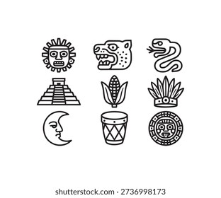 A collection of nine black line art icons representing symbols of ancient Mesoamerican cultures like Aztec and Mayan on a clean white background.