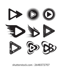 Collection of nine black play button icons with diverse stylistic elements on a white background.