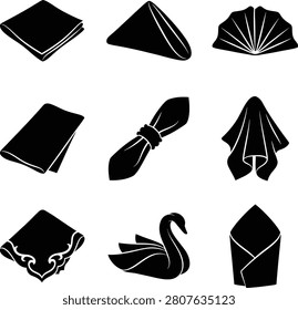 A collection of nine black silhouette icons representing various styles of folded table napkins and decorative cloth arrangements for dining.