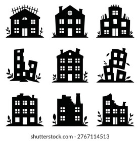 A collection of nine black silhouette illustrations depicting various damaged and destroyed buildings with plants growing around them, set against a clean white background, showcasing different archit