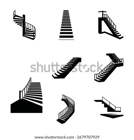 A collection of nine black silhouette illustrations of various staircases and spiral staircases against a plain white background.  