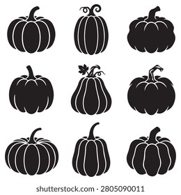 Collection of nine black silhouette pumpkins on white background for fall decoration and design