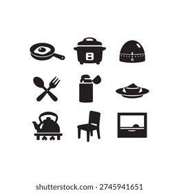 A collection of nine black solid glyph icons related to cooking, kitchenware, and dining. Includes pan, rice cooker, timer, utensils, oven, and more.