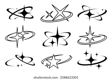 Collection of nine black star and orbit icons. Stars and orbits in various designs. Star and orbit motifs for design projects. Simple star and orbit illustrations. Creative elements, vector set.