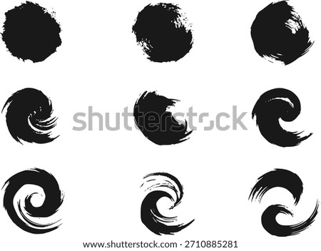 Collection of Nine Black Sumi-e Ink Brush Stroke Swirls and Circles Isolated on Transparent Background