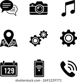 Collection of nine black technology and communication icons