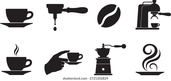 Sammlung von neun schwarzen Vektorkaffee-Ikonen einschließlich Tassen Espressomaschine und Mühle Untertasse Kaffeebohne