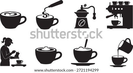 Collection of nine black vector coffee making and serving icons espresso machine