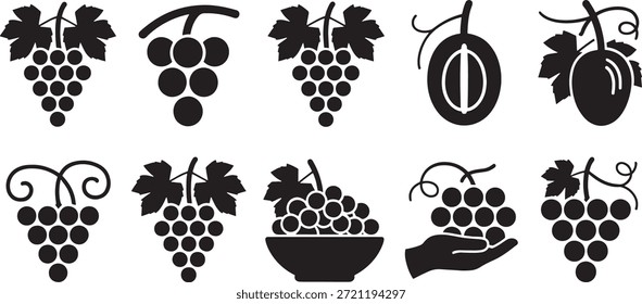 Colección de nueve íconos de frutas de Vector negro incluyendo uvas y ciruela