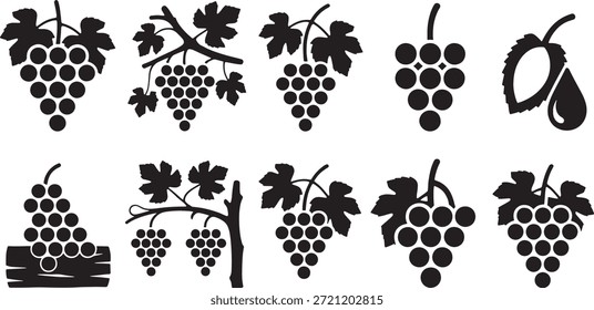 Coleção de nove cachos e folhas de uva de vetor preto com elementos de videira cacho de uvas
