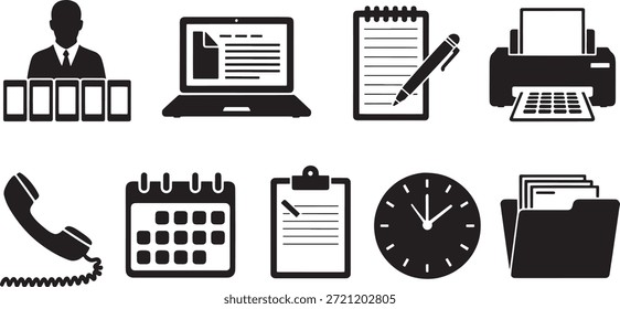 Sammlung von neun schwarzen Vektorbüro und Business-Symbole auf weißem Hintergrund Silhouette