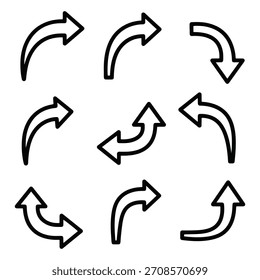 A collection of nine black and white arrow icons, each with a unique curve and direction, suggesting movement and guidance.