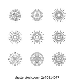 Collection of nine black and white circular mandala designs featuring geometric patterns and nature-inspired elements.