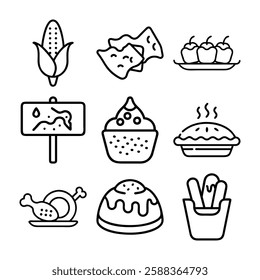 A collection of nine black and white food and drink icons in a minimalist line-art style. This set includes various food and beverage items such as cocktails, milkshakes, cupcakes, and grilled steak.