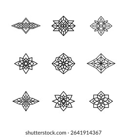 A collection of nine black and white geometric floral designs.