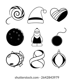 A collection of nine black and white holiday themed icons, including a Santa, ornament, candy, and other festive shapes.