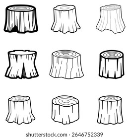 A collection of nine black and white illustrations showcasing different tree stumps, each with unique wood grain patterns and distinct artistic styles, against a white background.