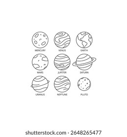 Uma coleção de nove planetas de arte de linha preta e branca: Mercúrio, Vênus, Terra, Marte, Júpiter, Saturno, Urano, Netuno e Plutão. Ícones de rabiscar com temas de espaço minimalistas.