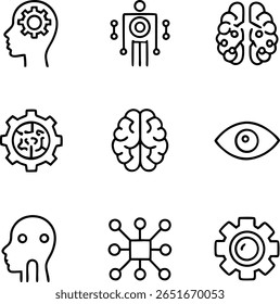 A collection of nine black and white line art icons representing artificial intelligence, machine learning, and related technological and conceptual themes.