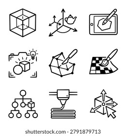A collection of nine black and white line art icons illustrating various aspects of 3D modeling, design, and digital creation processes.