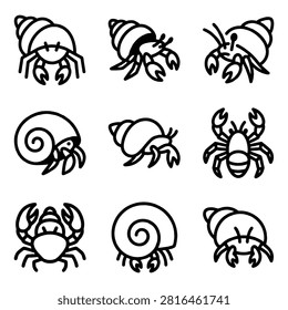 A collection of nine black and white line art icons depicting various hermit crabs and other crustaceans, showcasing different shell and claw positions.