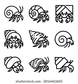 A collection of nine black and white line art illustrations depicting various hermit crabs in different stylized forms, showcasing their shells and claws.
