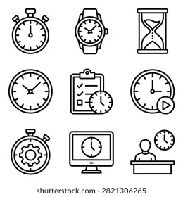 A collection of nine black and white line art icons depicting various timekeeping tools, scheduling, task management, and productivity concepts for business.