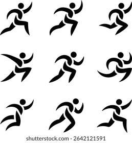 Collection of Nine Black and White Running Man Icons Depicting Movement and Sport This image