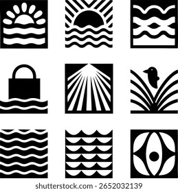 a collection of nine black and white square icons featuring stylized depictions of water, sun, nature, and abstract shapes in a minimalist design. 160